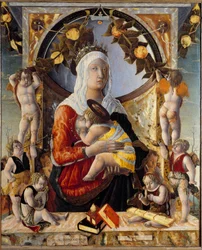 Virgem e criança rodeadas por 8 anjos. Pintura de Marco Zoppo (1433 - 1478)