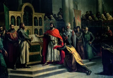 O juramento de Santa Gadea: El Cid Campeador (c. 1043-99) exige um juramento a Afonso VI (c. 1040-1109), rei de Castela, de que no ano de 1072 não teve participação no assassinato do seu irmão Sancho II (c. 1083-1072)
