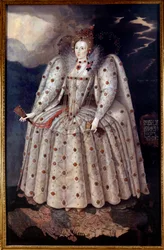 Retrato da Rainha Elisabeth (Elizabeth) Iere of England Pintura de Marcus Gheeraerts (Gerards ou Geerards) the Young (1561-1635) Por volta de 1592 Sol. 2,41x1,52 m Londres, National Portrait Gallery