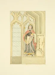 Figura da Rainha Isabel na Capela de Santa Maria de Santa Maria Redcliffe (lápis e aguarela sobre papel)