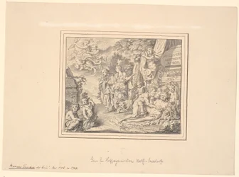 Folha alegórica com o Silenus afogado e outras figuras mitológicas e alegóricas em um sarcófago com a inscrição: "Sepulcrum pudicitiae mortae"