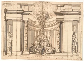 O interior de um templo com o brasão de armas dinamarquês e a árvore genealógica dos reis de Oldenburg