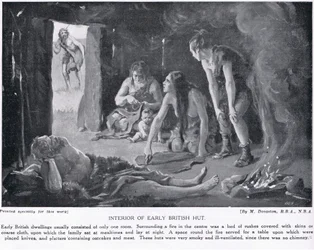 Interior de uma antiga cabana britânica, ilustração de "Hutchinson
