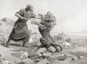 Tiglate-Pileser a matar um leão, de History of the Nations de Hutchinson, pub.1915