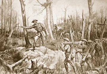 Capitão (Tenente-Coronel temporário) R.B. Barker organizando as defesas de um bosque (litografia)