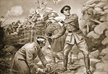 O capitão Vickers mantém o inimigo à distância enquanto é construída uma barreira atrás de si (litografia)