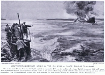 O Tenente Comandante Boyle no E14 afunda um grande transporte turco em 1915 (litografia)