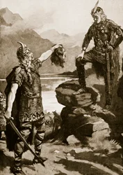 A cabeça de Donald Macwilliam apresentada a Alexandre II, ilustração da "História da Nação Britânica" de Hutchinson, c.1920 (litografia)