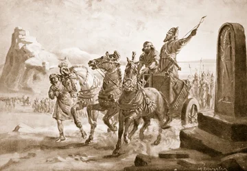 Tiglate-Pileser IV diante da cidadela de Turushpa, ilustração da "História das Nações de Hutchinson" (litografia)