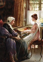 O Hino da Noite. Cromolitografia sobre pintura da artista inglesa Margaret Isabel Dicksee (1858-1903) publicada em 1892. Uma rapariga toca música de teclado (cravo) para a sua avó idosa.