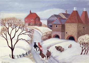 Conduzir vacas para casa na neve