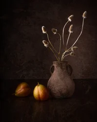 Pêras escuras e flores