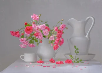 Natureza morta com rosas cor-de-rosa