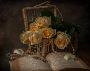 Rosas românticas e um livro antigo