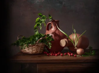 Natureza morta numa cozinha rústica
