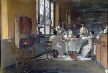 Professor Edmond Delorme (1847-1929) demonstrando decorticação pulmonar para estudantes de Val de Grace em 1894