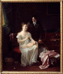 Cônjuges felizes Uma jovem família burguesa do Primeiro Império. Pintura de Marguerite Gerard (1761-1837) Lyon do século XIX, Musee des Beaux Arts