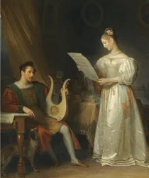 Interior com um homem segurando uma lira e uma mulher com uma partitura