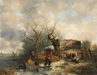 Paisagem de inverno com crianças brincando