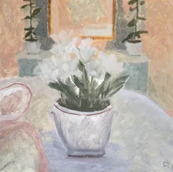 Natureza morta com lírios, entardecer, 2019 (óleo sobre papel)