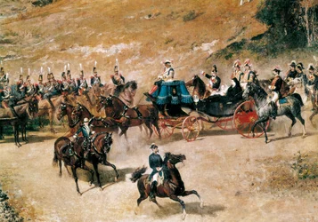 Rainha Maria Cristina e sua filha Isabel II, revendo as Baterias de Artilharia que defendiam Madrid em 1837, detalhe, c. 1866 (óleo sobre tela)