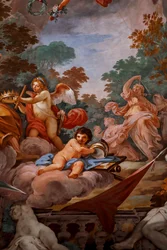 Rómulo é bem-vindo no Olimpo por Júpiter. Detalhe da "Apoteose de Rómulo" 1775 -1779, fresco