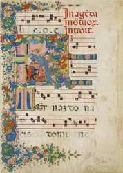 Folha de Manuscrito com Procissão Funerária em R Inicial, a partir de um Gradual, Italiano, segunda metade 15