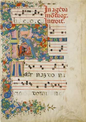 Folha de Manuscrito com Procissão Funerária em R Inicial, de uma Gradual, segunda metade do século XV.
