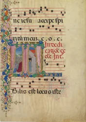 Folha de Manuscrito com a Dedicação de uma Igreja em um T Inicial, a partir de um Gradual, 2ª metade de 15 centavos.