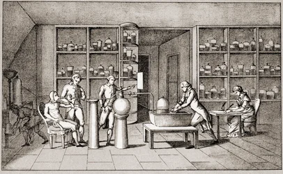 Antoine Laurent de Lavoisier (1743-1794), químico francês que realiza uma experiência sobre a respiração do homem em repouso. Desenho da Sra. Lavoisier.Paris Século XVIII.Colecção Leemage