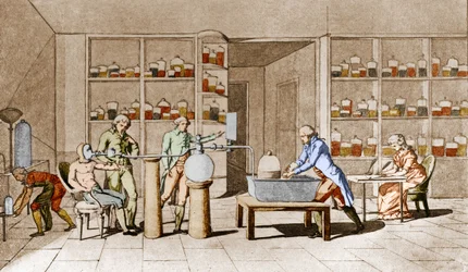 Antoine Laurent de Lavoisier (1743-1794), químico francês, tem uma experiência sobre a respiração do homem em repouso. Do desenho de Mme Lavoisier.Paris século XVIII. Coleção Leemage