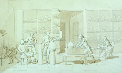 Antoine Lavoisier (1743-94) e seus experimentos em respiração (caneta e tinta e papel sépia)