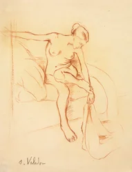 Mulher nua sentada numa cama, primeiro terço do século XX