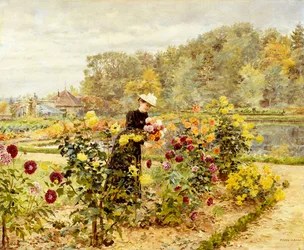 Uma mulher elegante num jardim de rosas