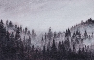 Paisagem da Floresta Ennevoada – Pintura original a aguarela sobre papel texturado, da autoria de Marina Kozyr