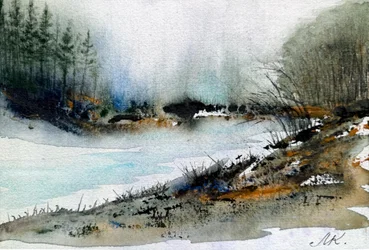 Rio de Inverno Envolto em Nevoeiro