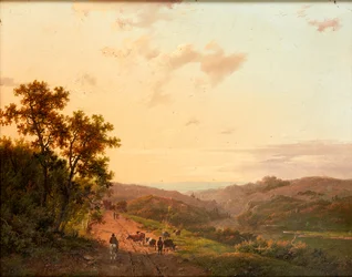 Pastores e seu gado em uma estrada rural, com paisagem distante (óleo no painel)