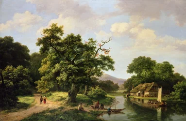 Paisagem de rio arborizada com camponeses descarregando uma balsa