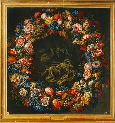 Coroa de flores com, no centro, uma cena bíblica