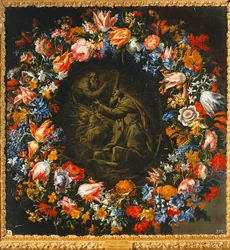 Coroa de flores com, no centro, uma cena bíblica