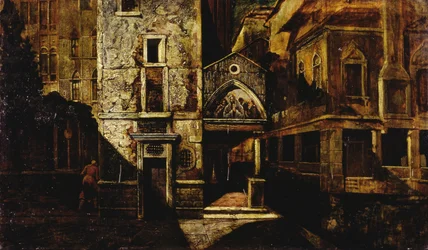 Um canto em Veneza, de Mario de Maria, pseudónimo de Marius Pictor (1852-1924), óleo sobre painel, 39,5x66,5 cm
