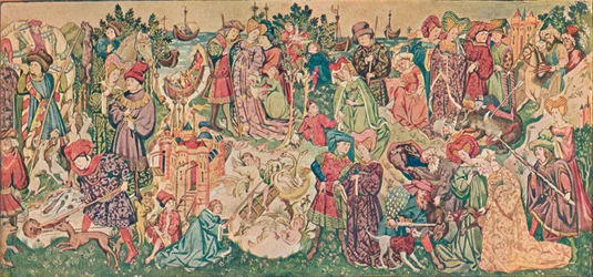 Renderização aquarelada de uma das tapeçarias Hardwicke, c1902