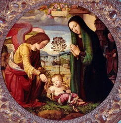 Sagrada Família com um Anjo Pintura de Mariotto Albertinelli (1474-1515) Florença, Palazzo Pitti, Galleria Palatina