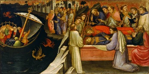 Predela do retábulo representando a "Biografia de Santo Estêvão": viagem com o corpo de Santo Estêvão / sepultura conjunta dos corpos de Santo Estêvão e de São Lourenço.