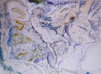 Fada flutuando com a juventude nua em fundo (aquarela sobre papel)