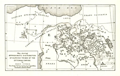 Mapa que mostra a distribuição aproximada das tribos curdas do Império Otomano, c. 1915.