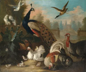 Um pavão e outras aves numa paisagem ornamental