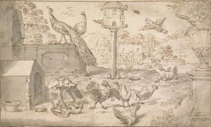 Paisagem com pássaros e cão
