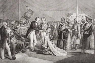 Grande Durbar em Cawnpore após a Supressão da Revolta do Sepoy, 1858, de "Ilustrações da História Escocesa e Inglesa", Volume II