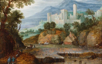 Paisagem montanhosa com viajantes a aproximarem-se de um edifício acastelado com uma torre redonda (óleo sobre painel)